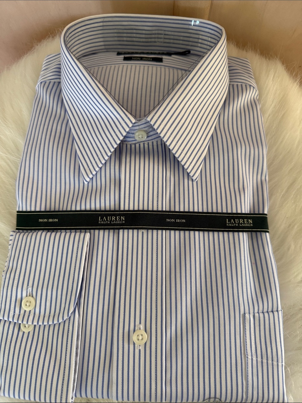 Lauren Ralph Lauren 17.5 34/35 Men's White Dress Shirt Blue Pinstripes Non Iron